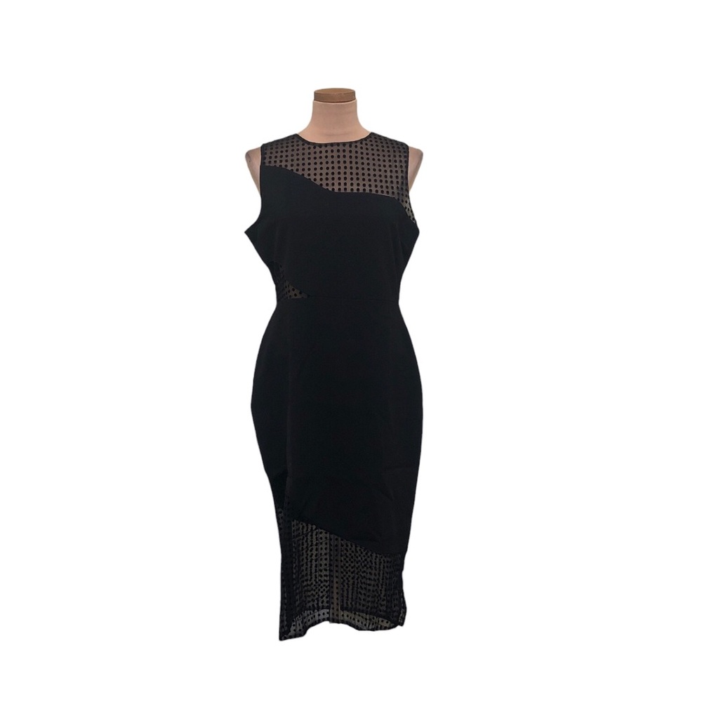 NWT Haney Karla Midi Dress Size 12 Black Sheer Cutout Polka Dot Mesh
